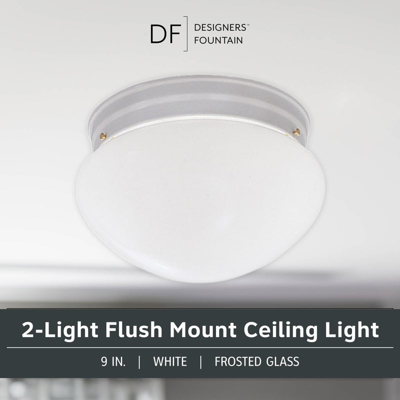 DESIGNERS FOUNTAIN 2-Lights Flush Mount Ceiling Light, 9 Inch Lighting Fixture for Kitchen, Bedroom, Bathroom, and Hallway, Frosted White Glass, White, 4732-WH - Image 2